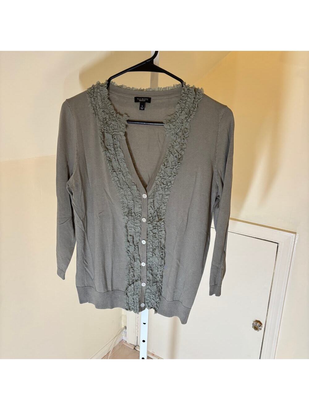 Talbots EUC Women's Sage Green Ruffle Front Silk Blend Cardigan Sweater Size S